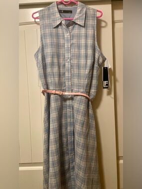 NWT Leslie Fay Light Blue and White Plaid Sleeveless Shirt Dress with Pink Belt